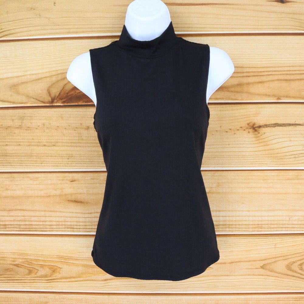 Onestepup Sleeveless Shirt Mock Neck‎ Womens Sz L Black Subtle Stripes Polyester